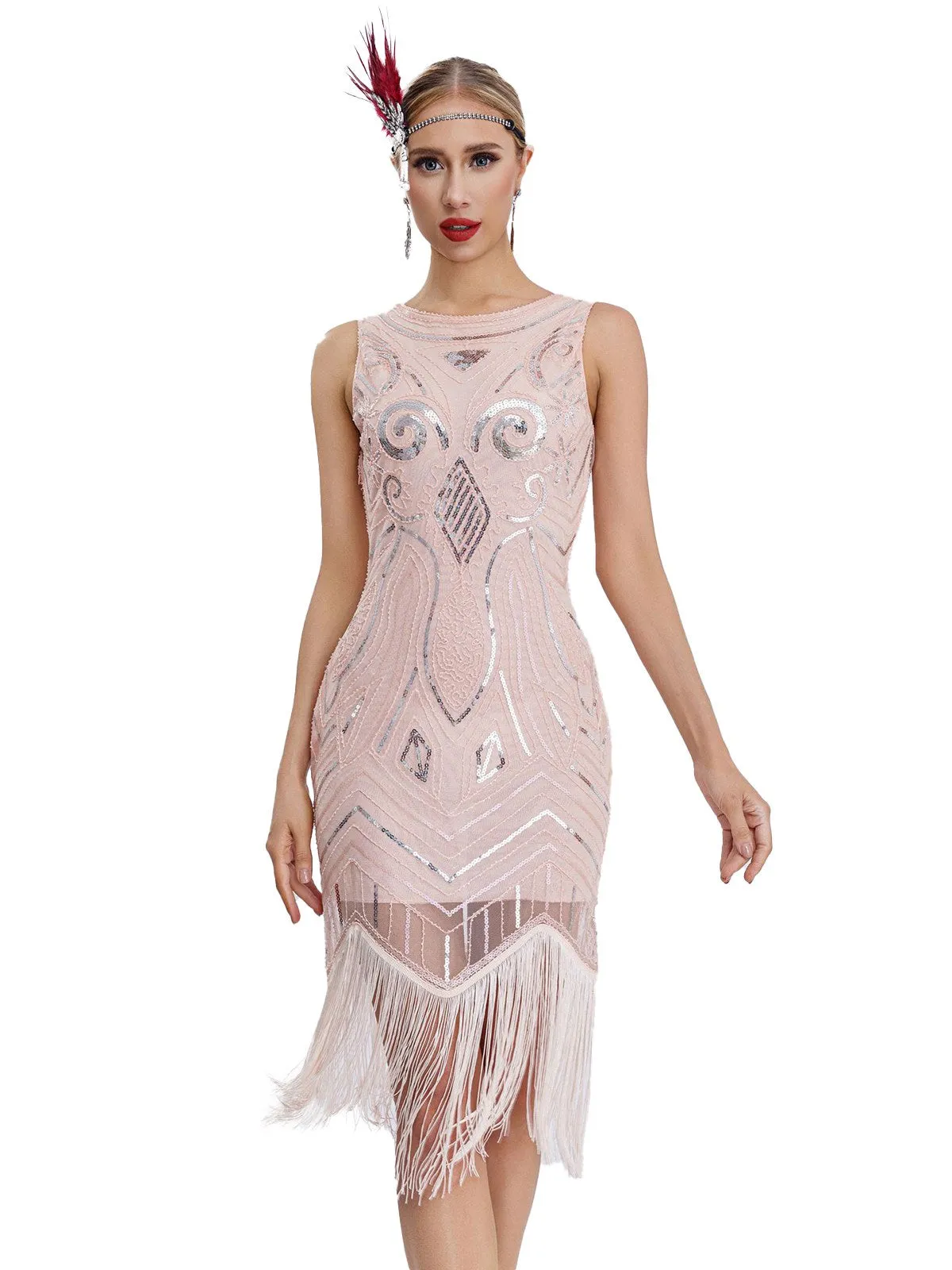 1920s Sequined Sleeveless Fringed Hem Dress