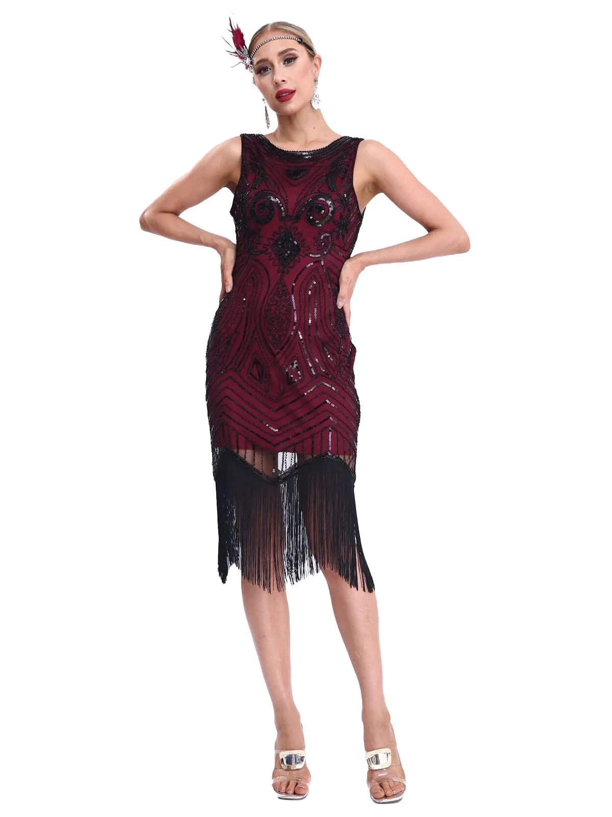 1920s Sequined Sleeveless Fringed Hem Dress