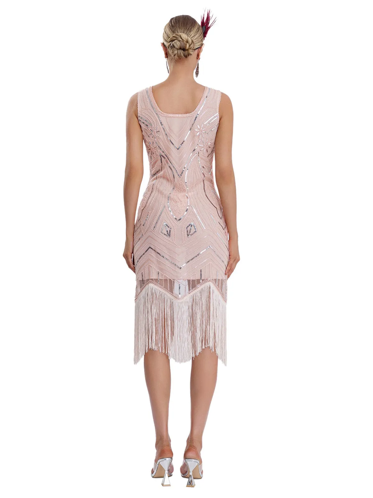1920s Sequined Sleeveless Fringed Hem Dress