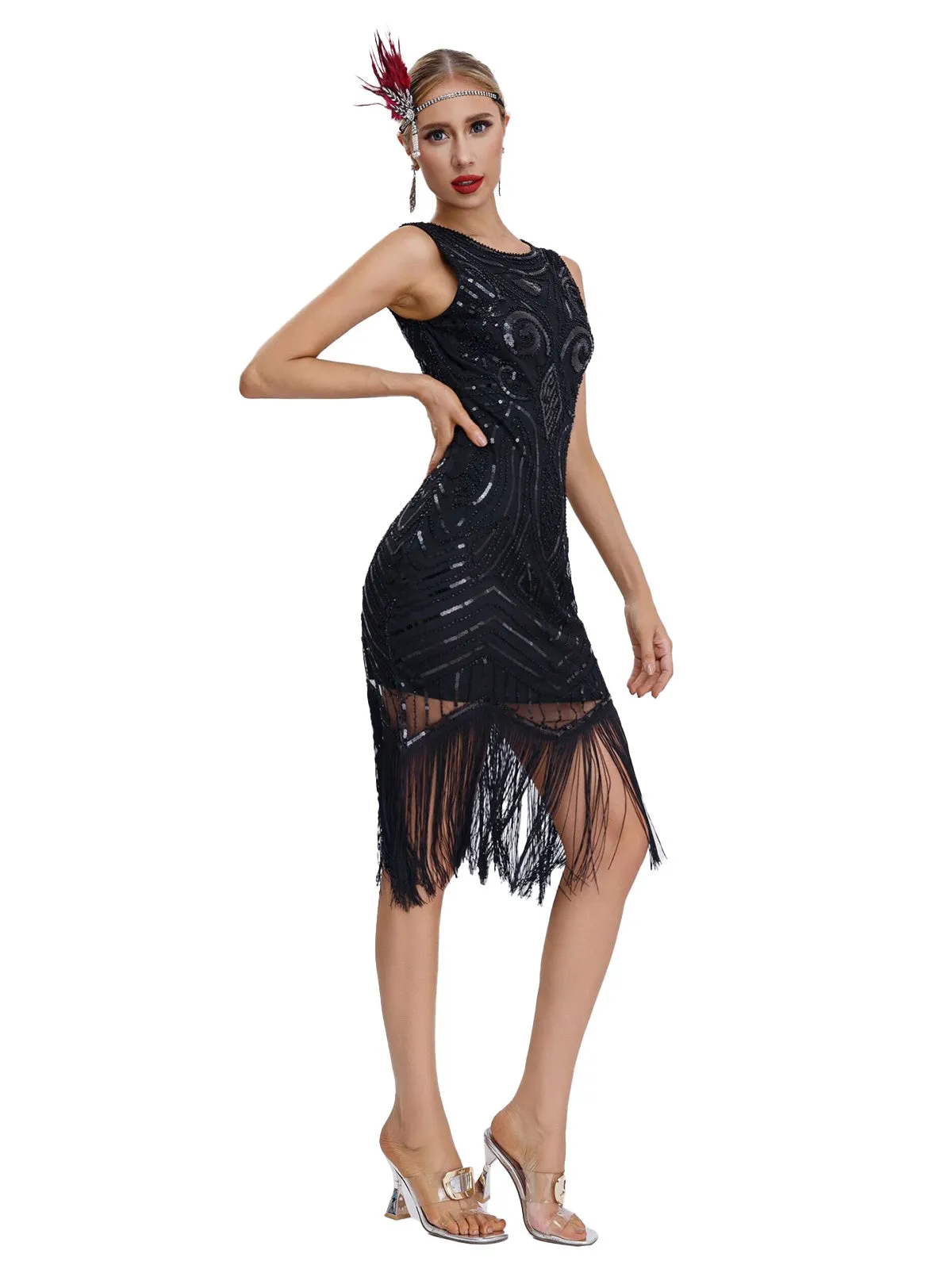 1920s Sequined Sleeveless Fringed Hem Dress