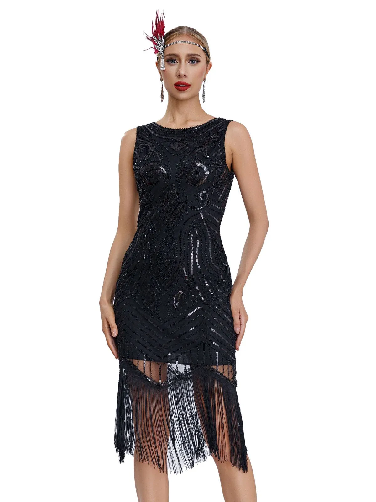 1920s Sequined Sleeveless Fringed Hem Dress