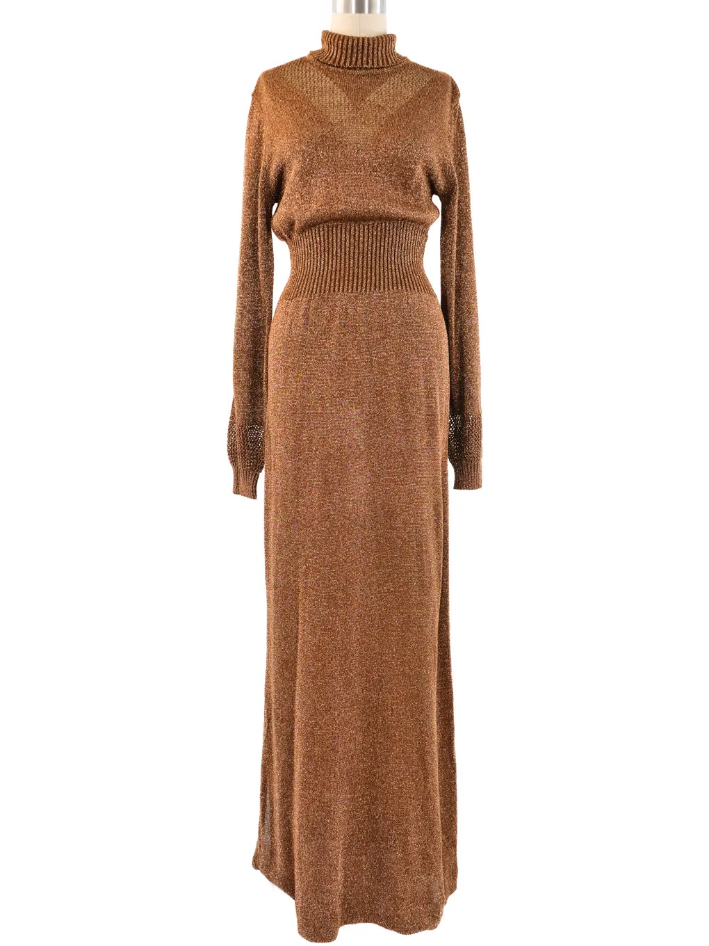 1970's Bronze Metallic Knit Maxi Dress