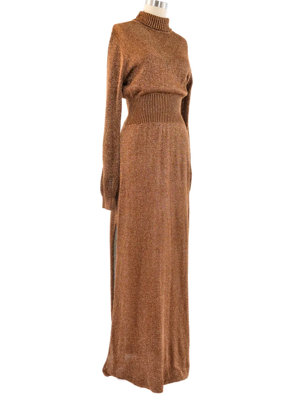 1970's Bronze Metallic Knit Maxi Dress