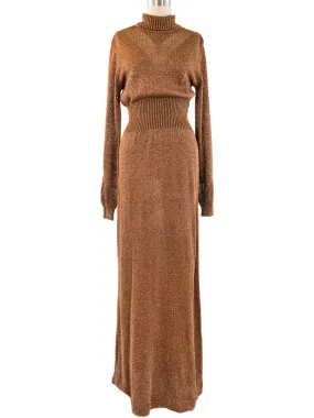 1970's Bronze Metallic Knit Maxi Dress