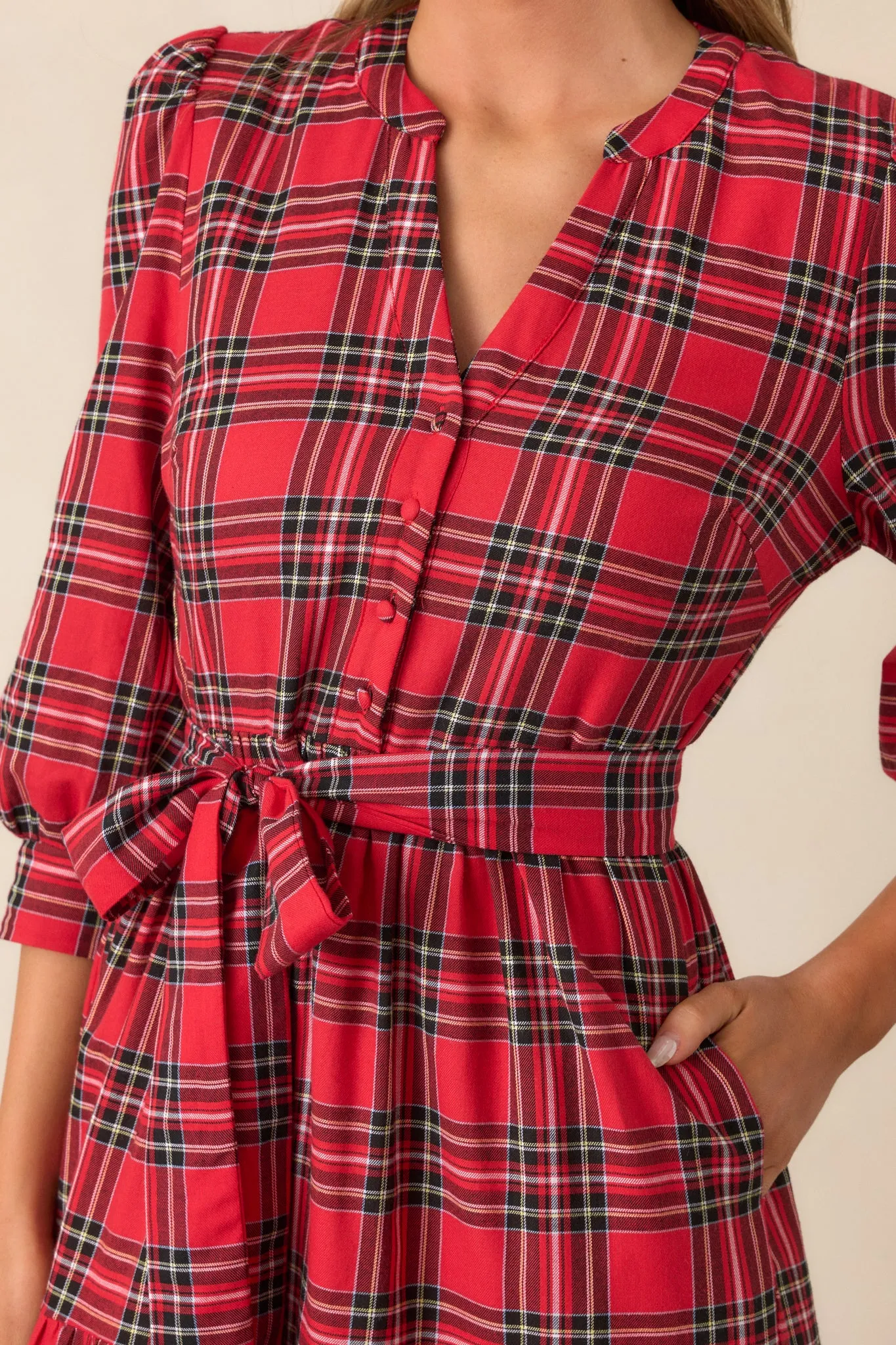 A Simple Glow 100% Cotton Red Long Sleeve Midi Dress