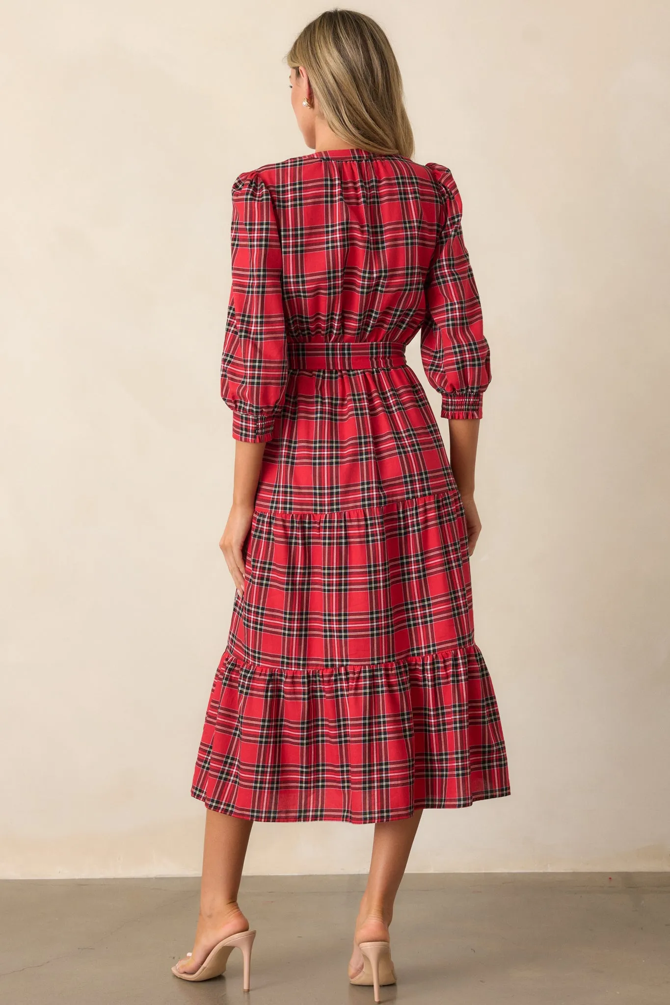 A Simple Glow 100% Cotton Red Long Sleeve Midi Dress