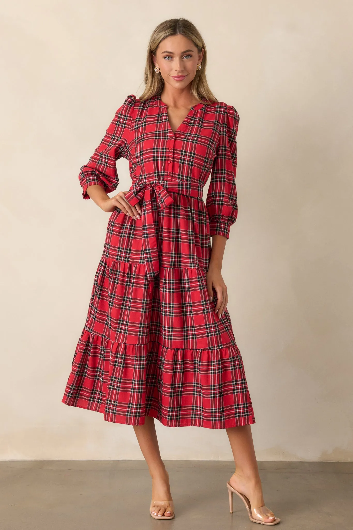 A Simple Glow 100% Cotton Red Long Sleeve Midi Dress