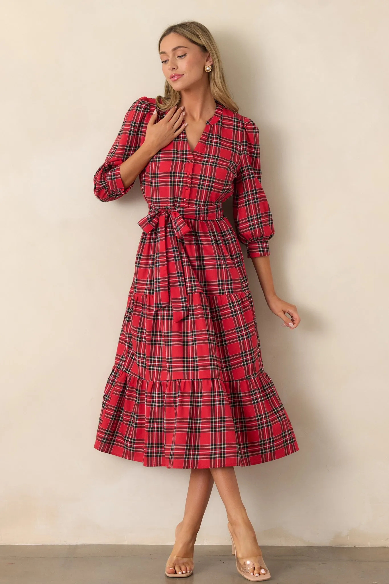 A Simple Glow 100% Cotton Red Long Sleeve Midi Dress