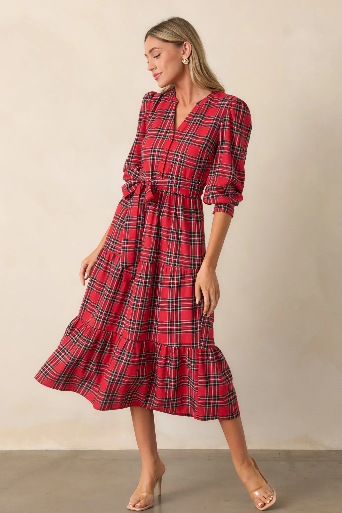 A Simple Glow 100% Cotton Red Long Sleeve Midi Dress