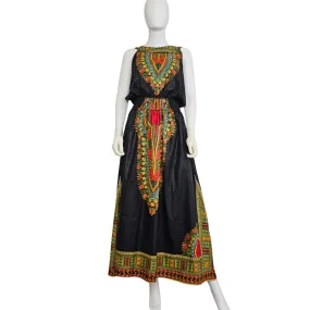 African Dashiki Style Print Long Sleeveless Maxi Sundress with Head Scarf - Plus Size