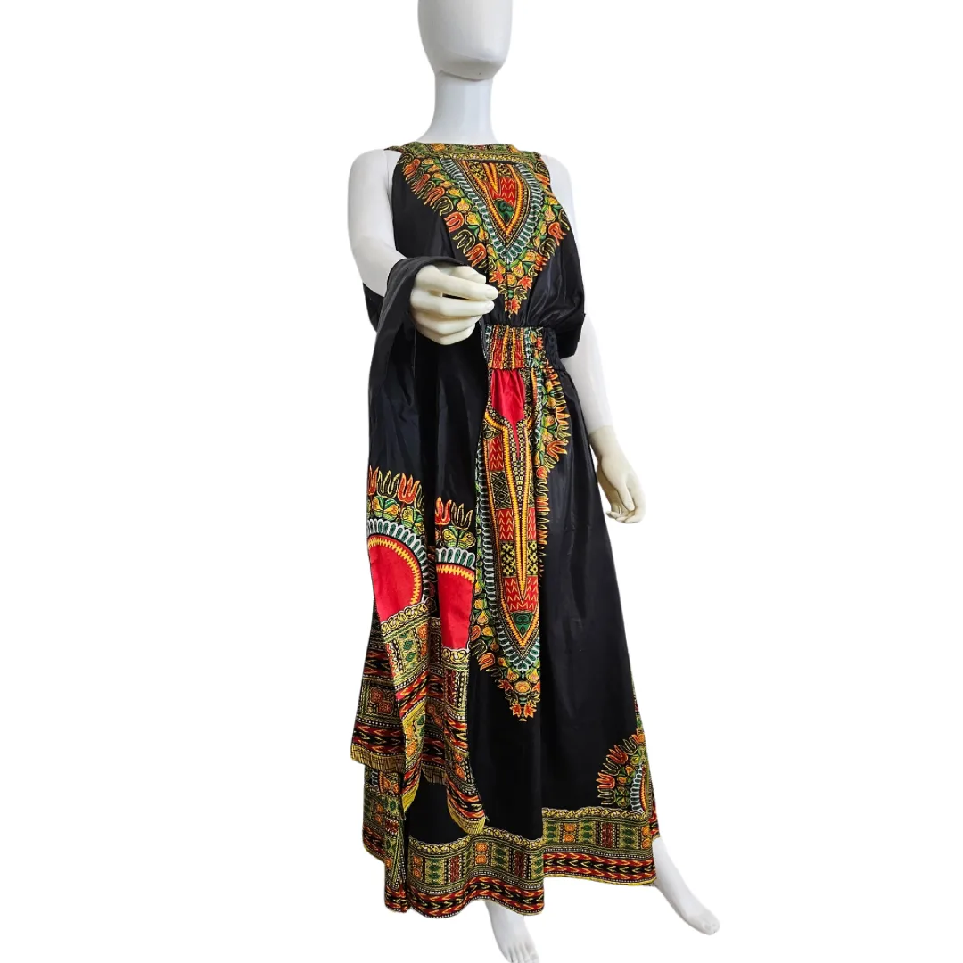 African Dashiki Style Print Long Sleeveless Maxi Sundress with Head Scarf - Plus Size