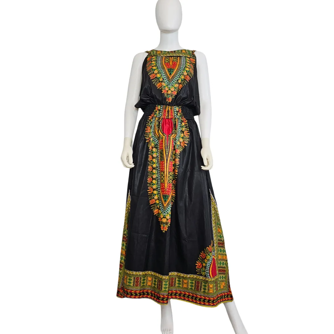 African Dashiki Style Print Long Sleeveless Maxi Sundress with Head Scarf - Plus Size