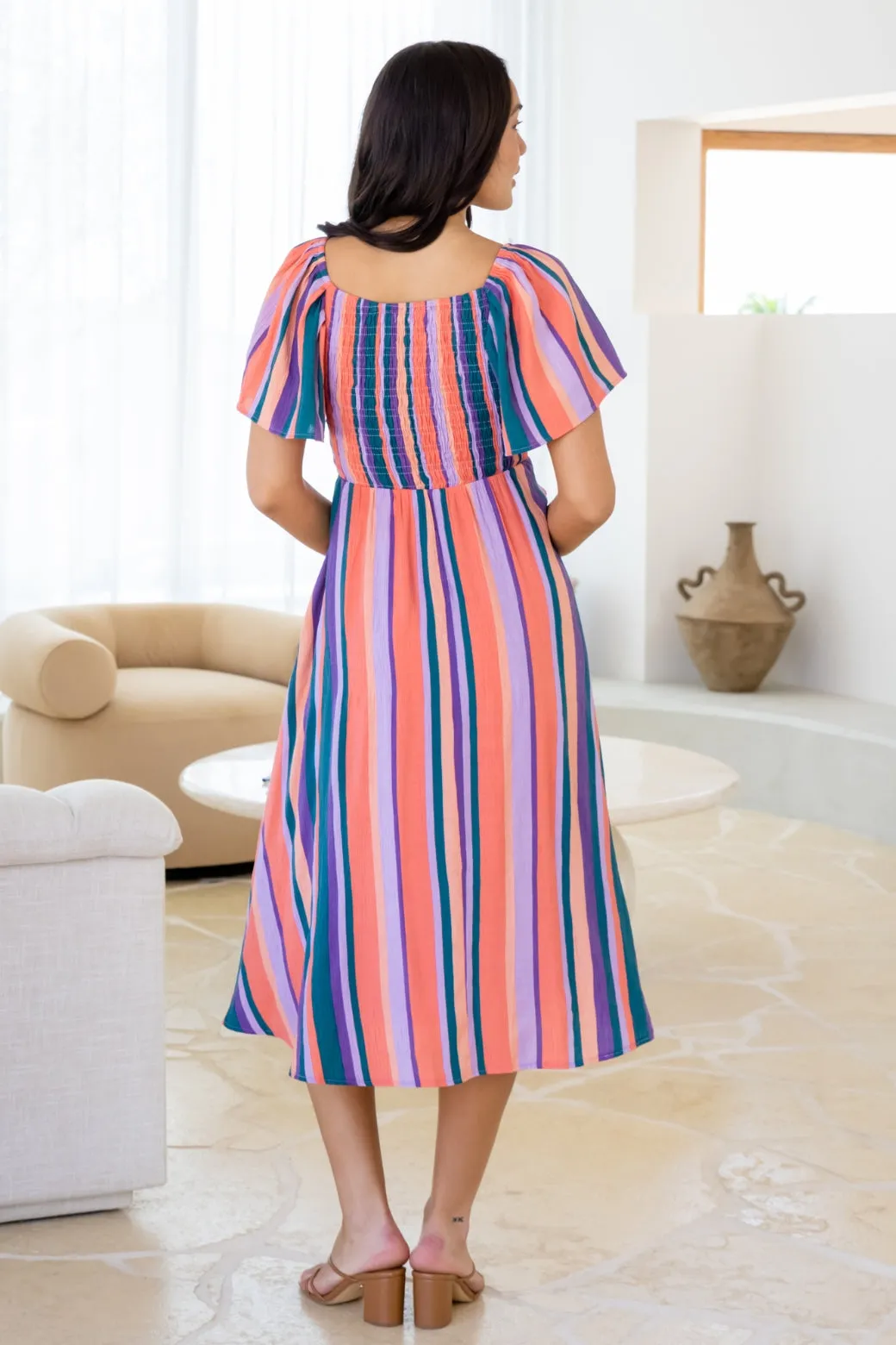Ailish Shirred Midi Dress Milan Stripe