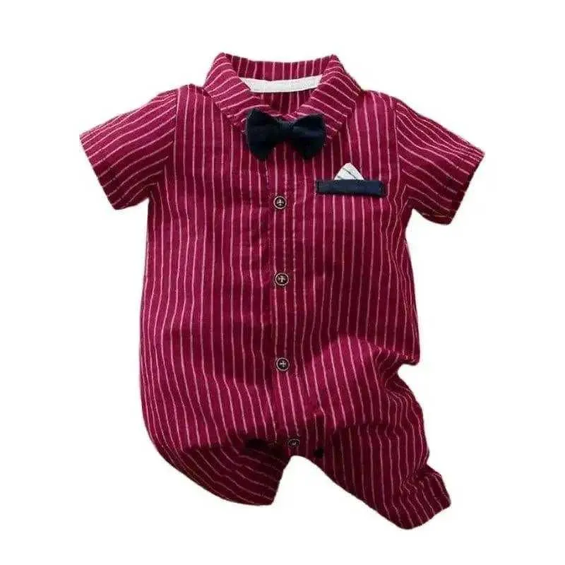 Baby Boy Striped Gentleman One-Piece Jumpsuit Red with Bow Tie
