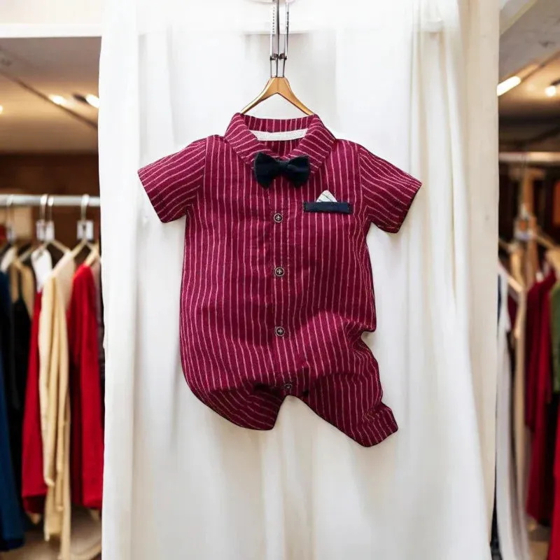 Baby Boy Striped Gentleman One-Piece Jumpsuit Red with Bow Tie