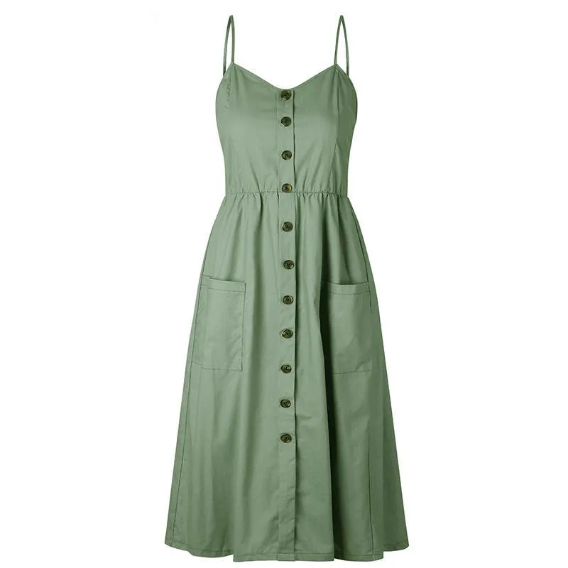 Backless Sleeveless Button Striped Midi Summer Dress
