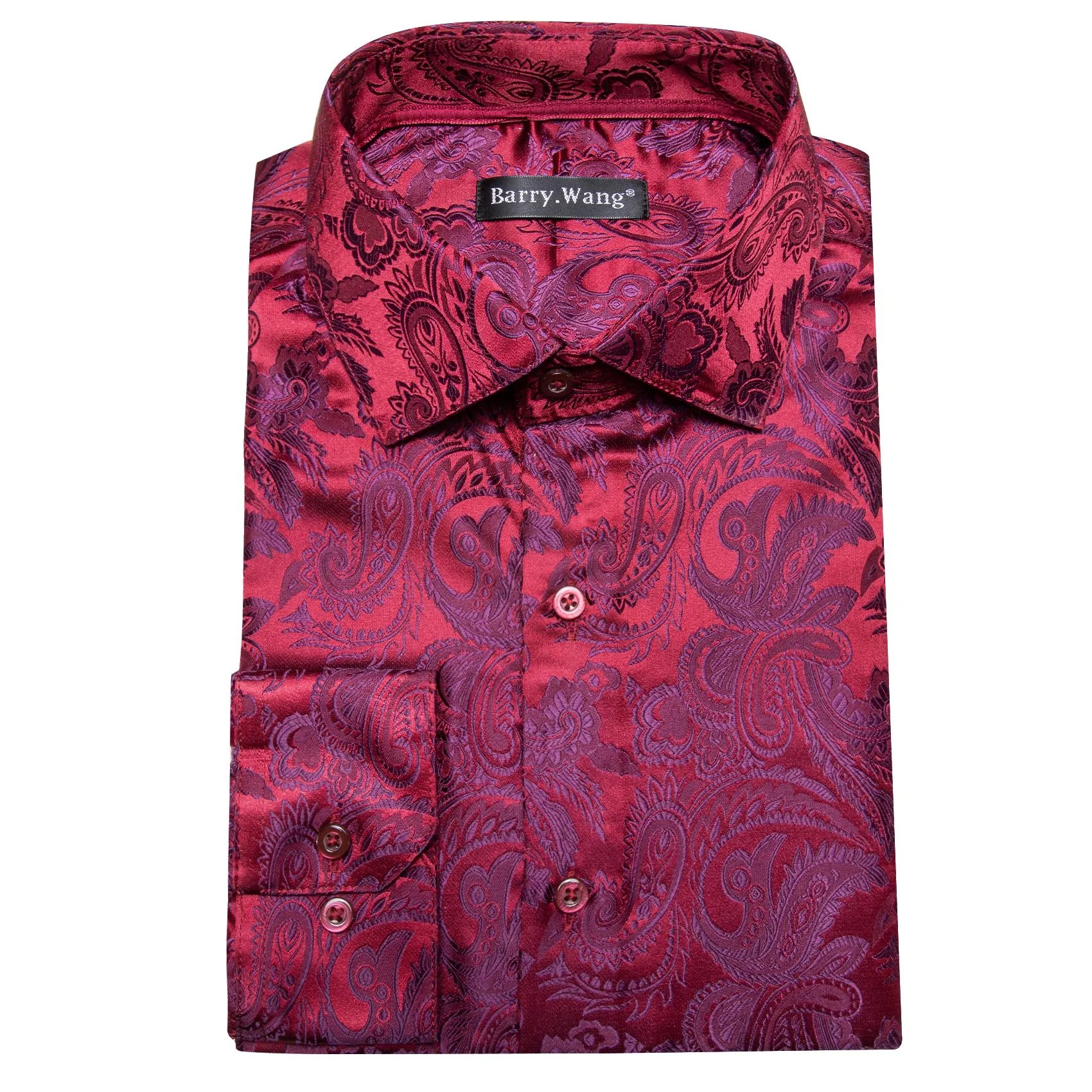 Barry Wang Button Down Shirt Red Purple Paisley Silk Men Formal Shirt