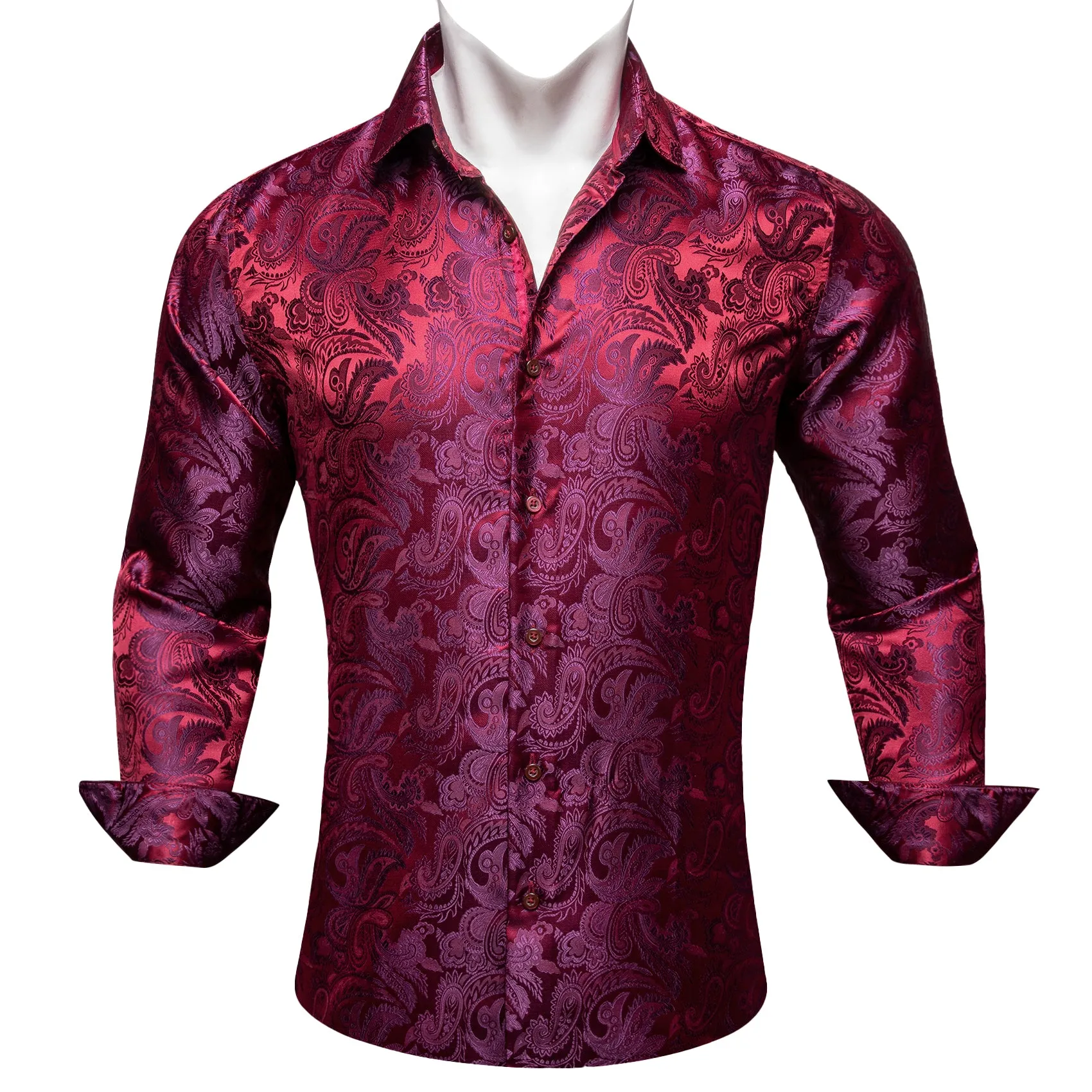 Barry Wang Button Down Shirt Red Purple Paisley Silk Men Formal Shirt