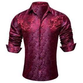 Barry Wang Button Down Shirt Red Purple Paisley Silk Men Formal Shirt