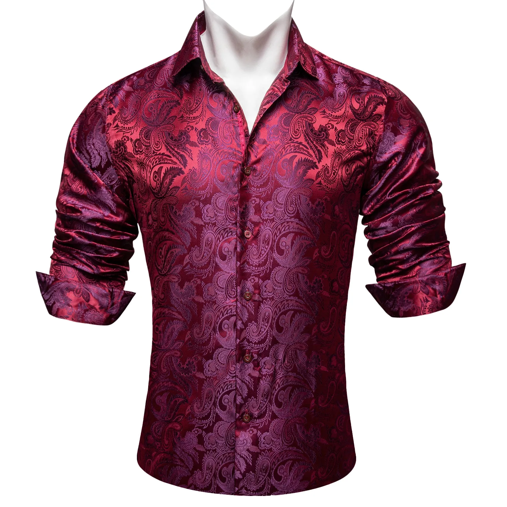 Barry Wang Button Down Shirt Red Purple Paisley Silk Men Formal Shirt