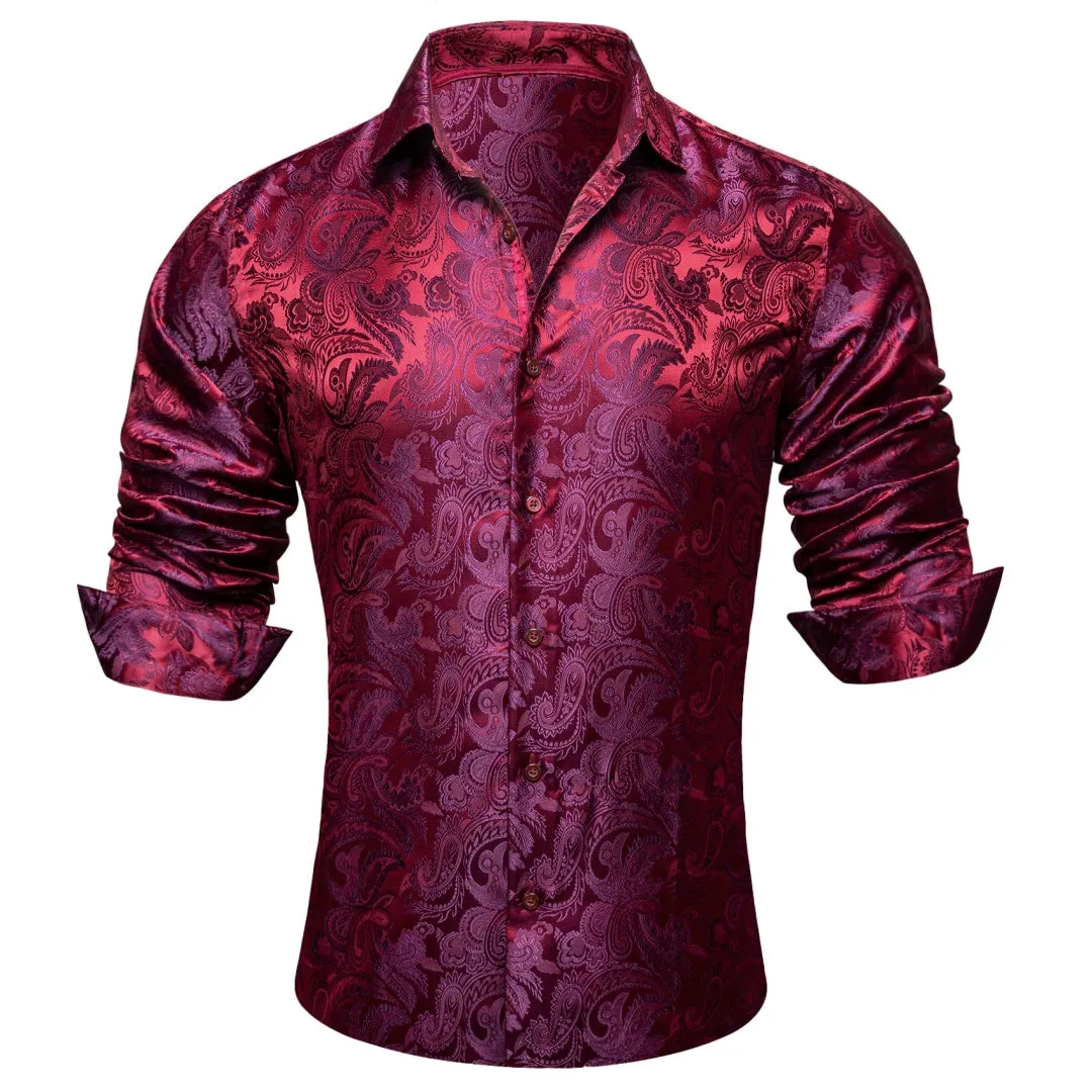 Barry Wang Button Down Shirt Red Purple Paisley Silk Men Formal Shirt