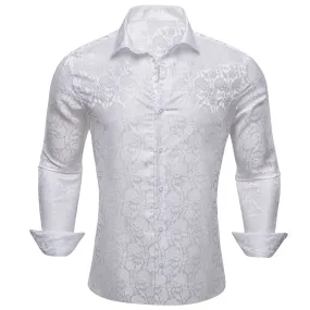 Barry Wang Button Down Shirt White Floral Silk Men's Shirt