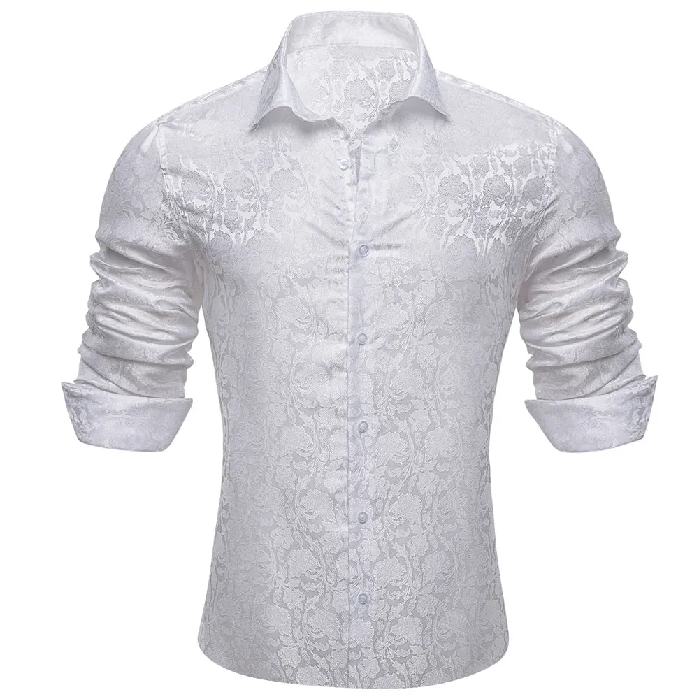 Barry Wang Button Down Shirt White Floral Silk Men's Shirt