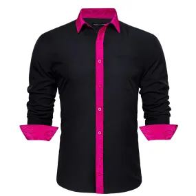 Barry Wang Buttoned Down Shirt Black Rose Pink Paisley Splicing Men's Long Sleeve Shirt