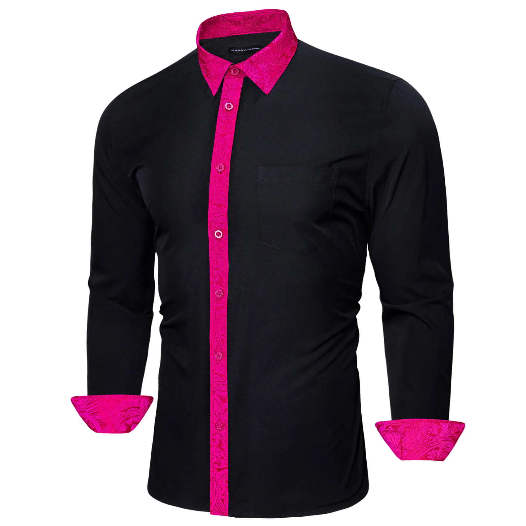 Barry Wang Buttoned Down Shirt Black Rose Pink Paisley Splicing Men's Long Sleeve Shirt