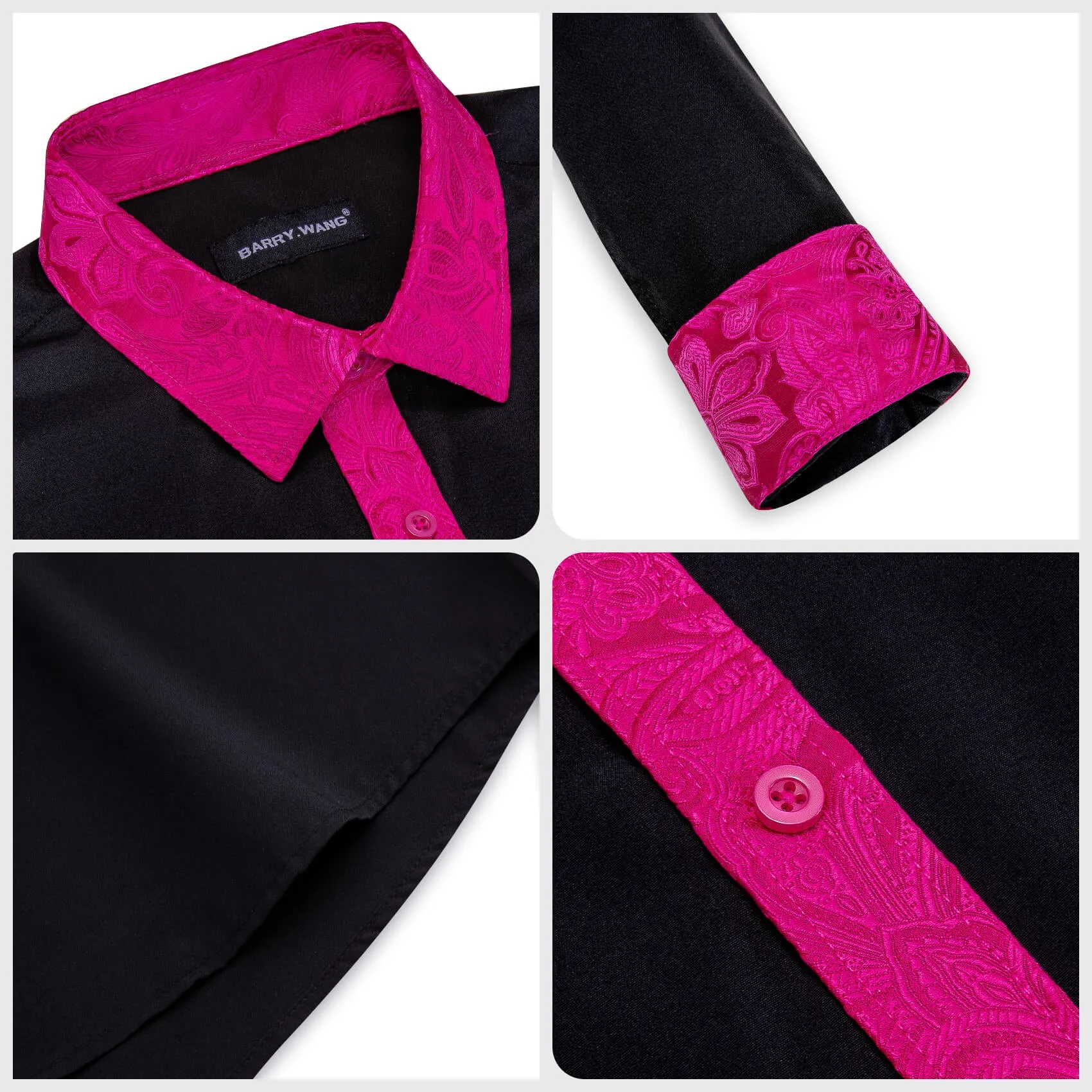 Barry Wang Buttoned Down Shirt Black Rose Pink Paisley Splicing Men's Long Sleeve Shirt