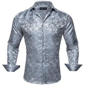 Barry Wang Paisley Pattern Shirts Fashion Silver Grey Long Sleeve Shirt