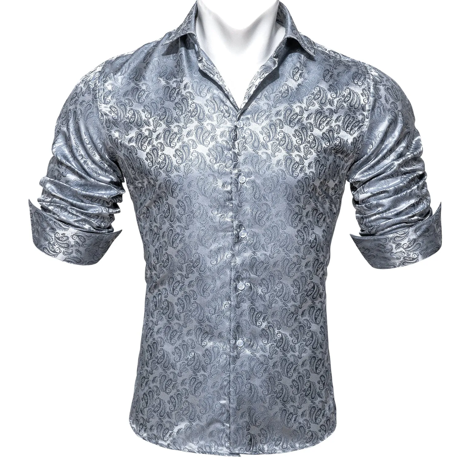 Barry Wang Paisley Pattern Shirts Fashion Silver Grey Long Sleeve Shirt