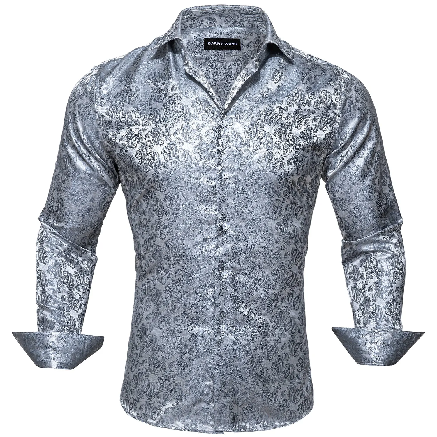 Barry Wang Paisley Pattern Shirts Fashion Silver Grey Long Sleeve Shirt