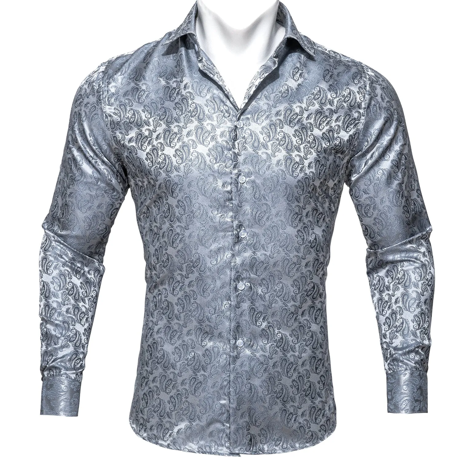 Barry Wang Paisley Pattern Shirts Fashion Silver Grey Long Sleeve Shirt
