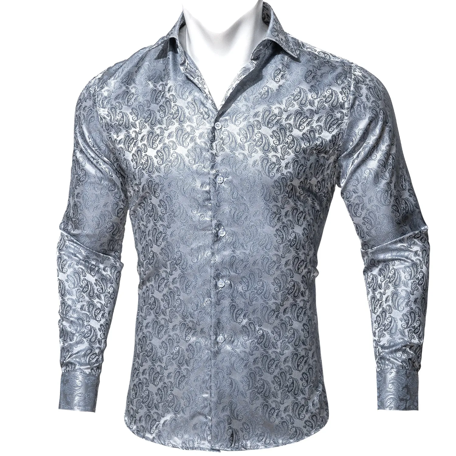 Barry Wang Paisley Pattern Shirts Fashion Silver Grey Long Sleeve Shirt