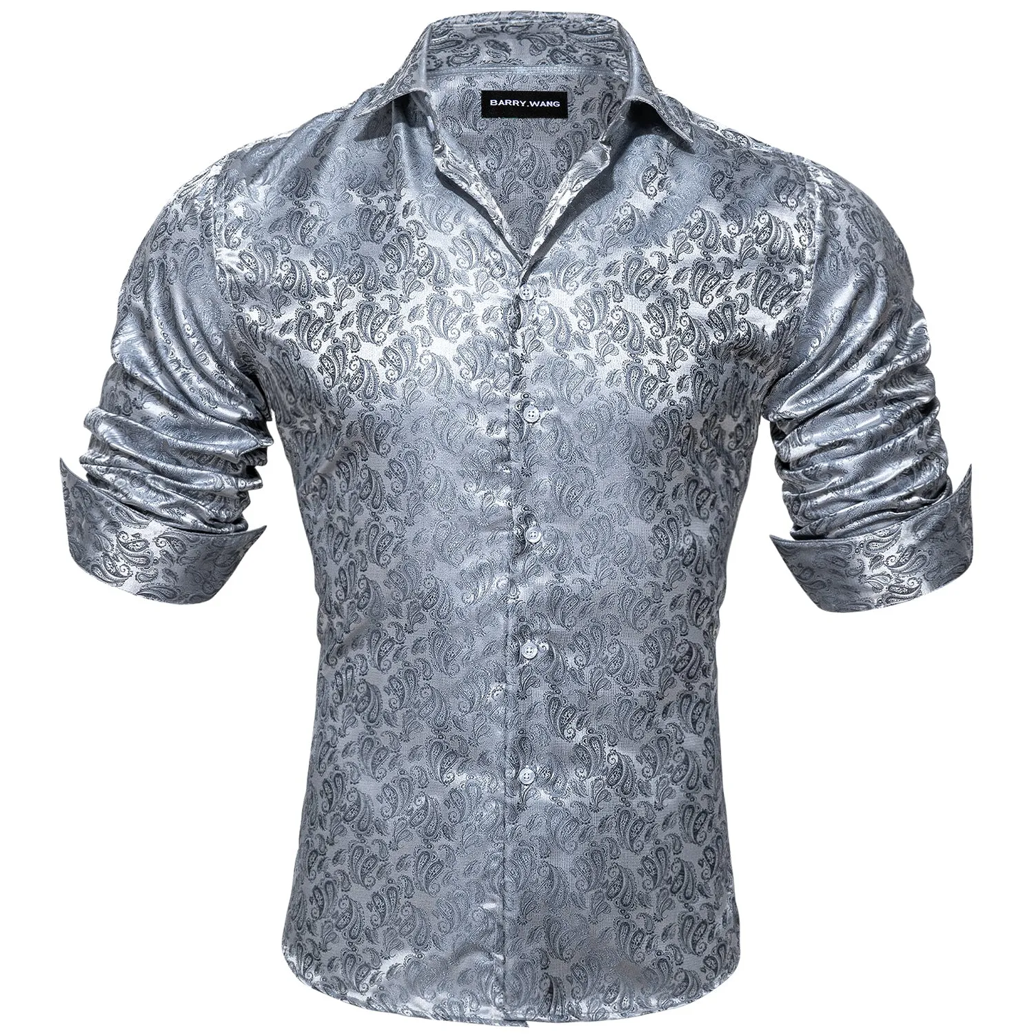 Barry Wang Paisley Pattern Shirts Fashion Silver Grey Long Sleeve Shirt