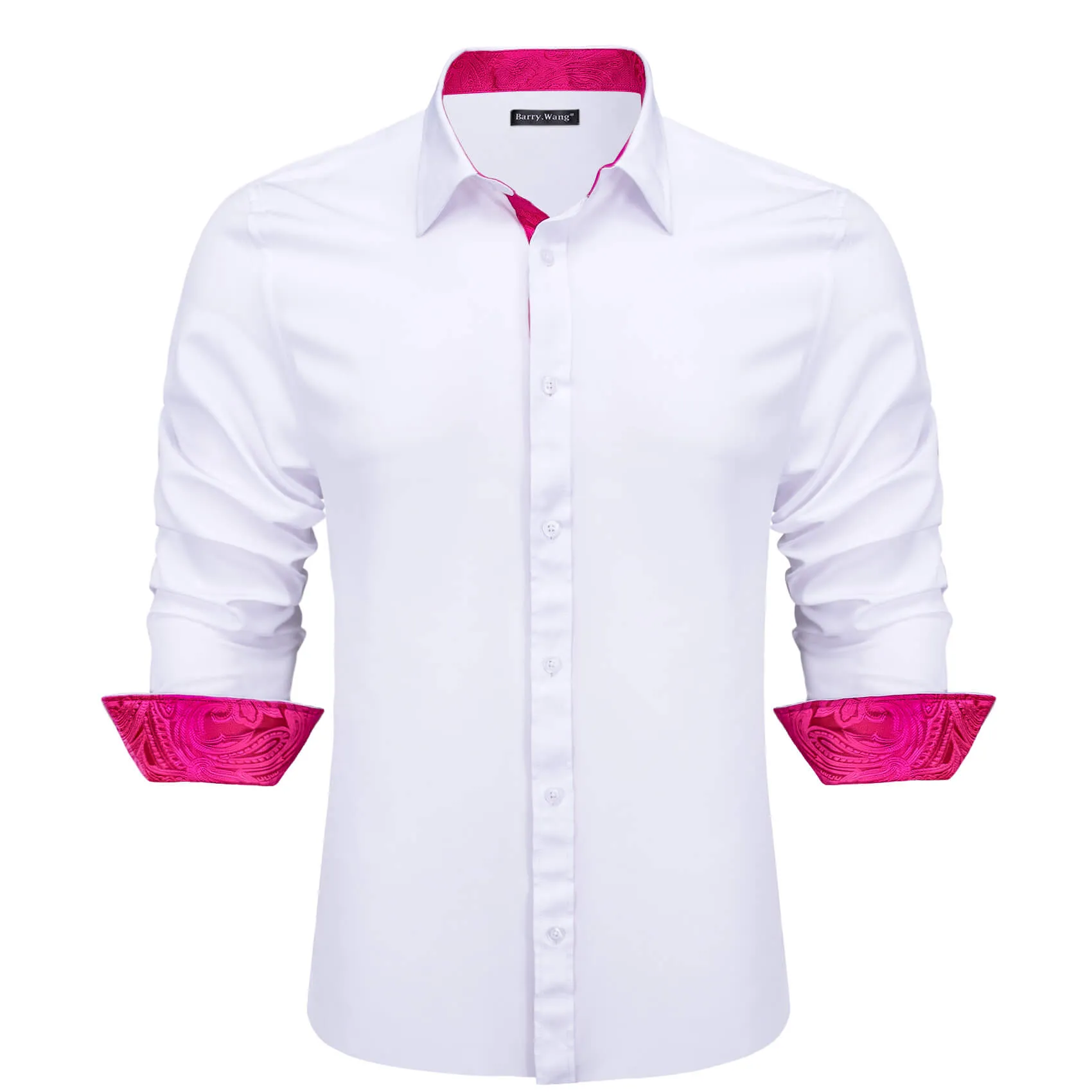 Barry Wang Splicing Shirt White Rose Pink Paisley Men's Long Sleeve Shirt