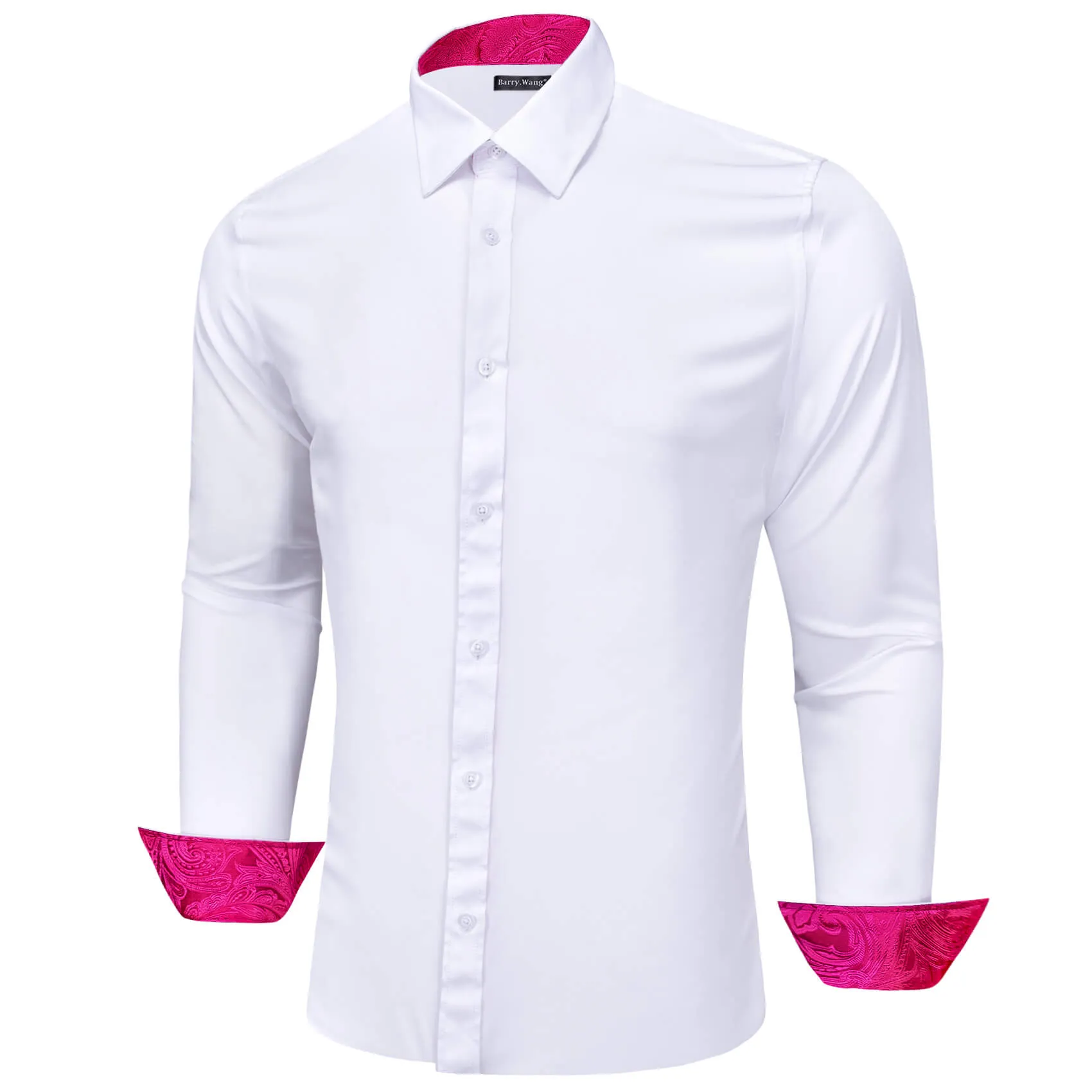 Barry Wang Splicing Shirt White Rose Pink Paisley Men's Long Sleeve Shirt