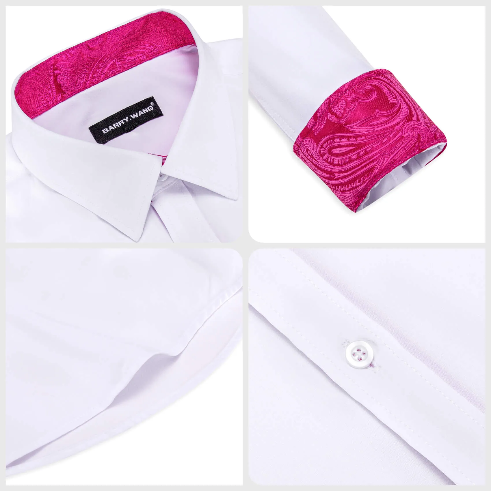 Barry Wang Splicing Shirt White Rose Pink Paisley Men's Long Sleeve Shirt
