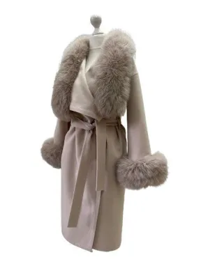 Beige Wrap Elegant Women coat, Long Belted Feminine Overcoat Trim Fox Fur, Cashmere Woolen blend Coat Wrap