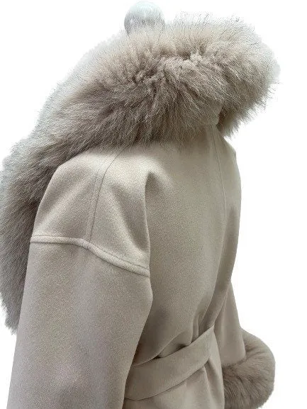 Beige Wrap Elegant Women coat, Long Belted Feminine Overcoat Trim Fox Fur, Cashmere Woolen blend Coat Wrap