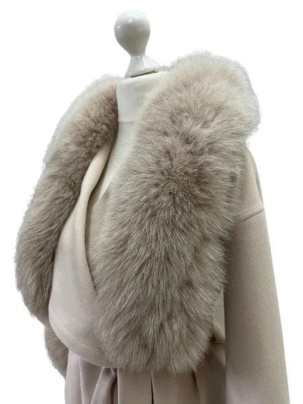 Beige Wrap Elegant Women coat, Long Belted Feminine Overcoat Trim Fox Fur, Cashmere Woolen blend Coat Wrap