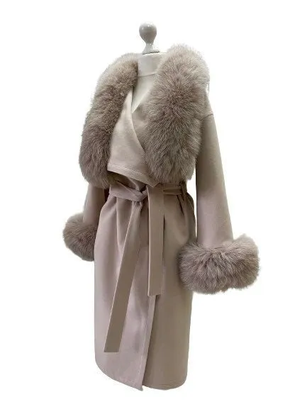 Beige Wrap Elegant Women coat, Long Belted Feminine Overcoat Trim Fox Fur, Cashmere Woolen blend Coat Wrap
