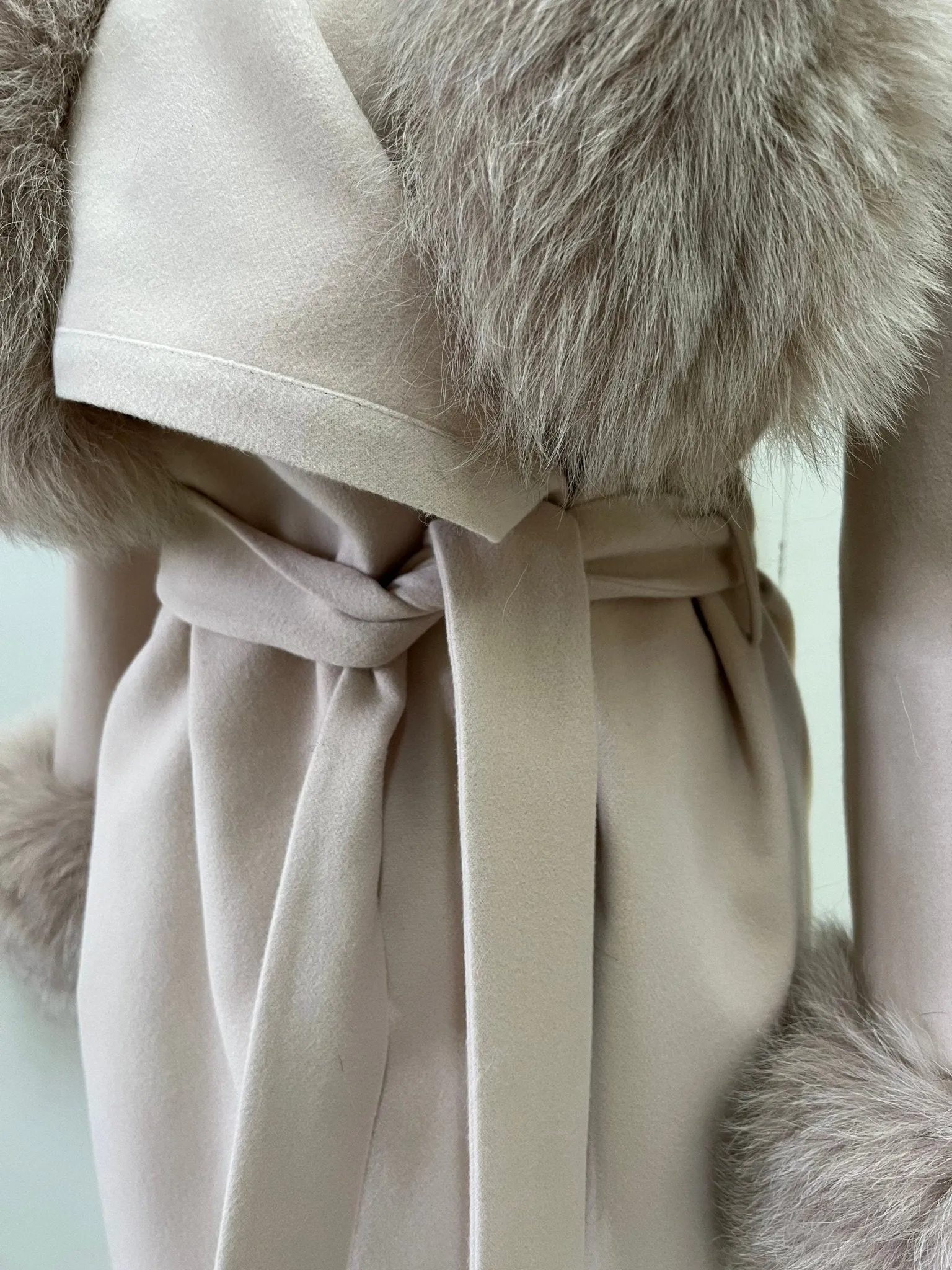 Beige Wrap Elegant Women coat, Long Belted Feminine Overcoat Trim Fox Fur, Cashmere Woolen blend Coat Wrap