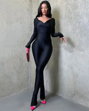 Black Off The Shoulder Ruched Two Piece Top & Pants Set
