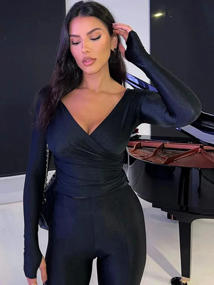 Black Off The Shoulder Ruched Two Piece Top & Pants Set
