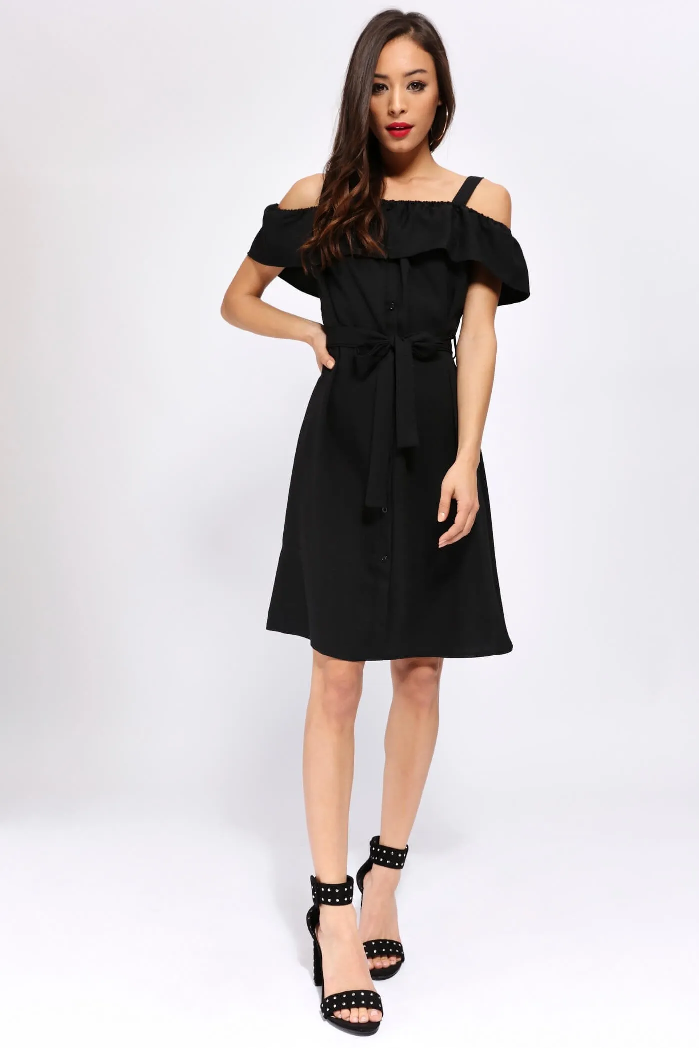 Black Off The Shoulder Strap Front Button Shirt Dress