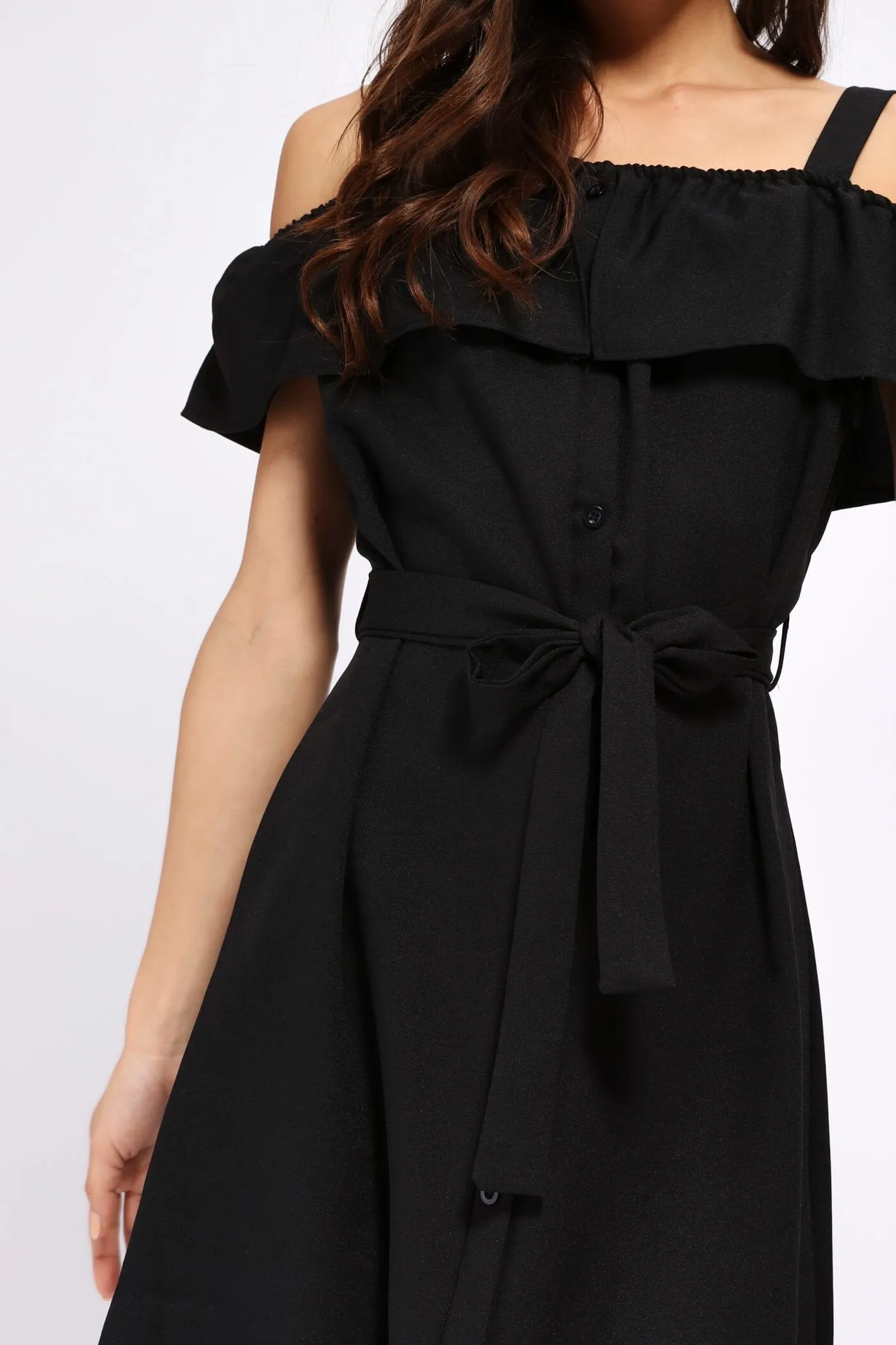 Black Off The Shoulder Strap Front Button Shirt Dress
