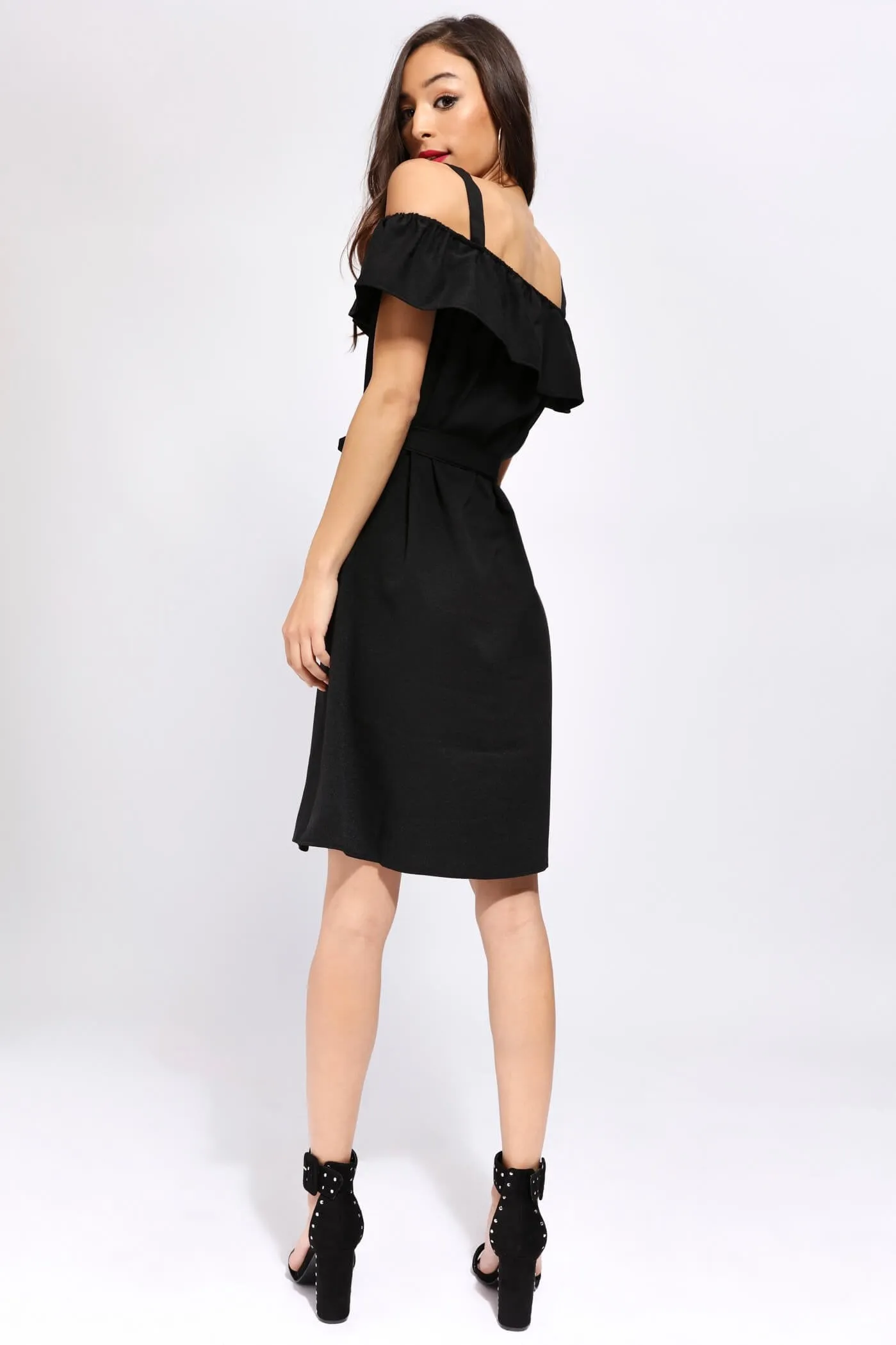 Black Off The Shoulder Strap Front Button Shirt Dress
