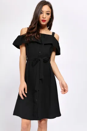 Black Off The Shoulder Strap Front Button Shirt Dress